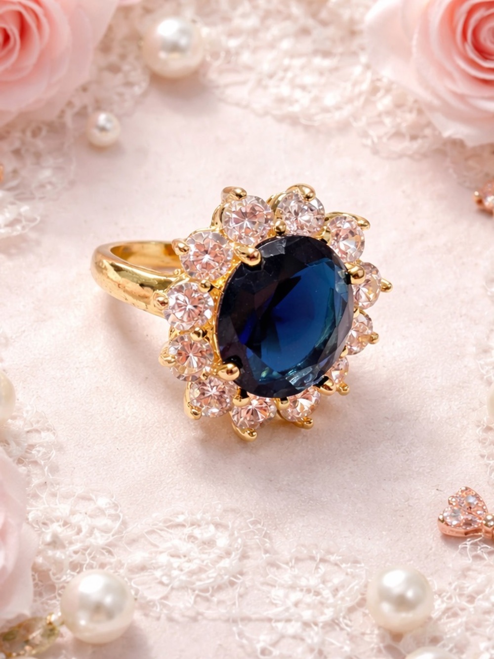 Halo Design Gold Tone Faux Sapphire With Small Clear CZ’S Size 6.75 NWOT